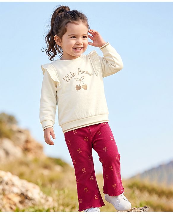 Babyhug 100% Cotton Single Jersey Knit Full Sleeves Cherry Embroidered Top & Pants Set - White & Maroon