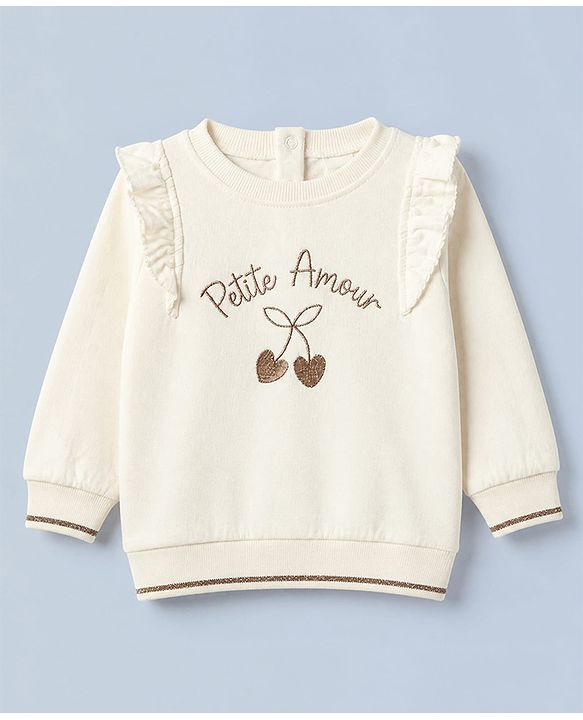 Babyhug 100% Cotton Single Jersey Knit Full Sleeves Cherry Embroidered Top & Pants Set - White & Maroon