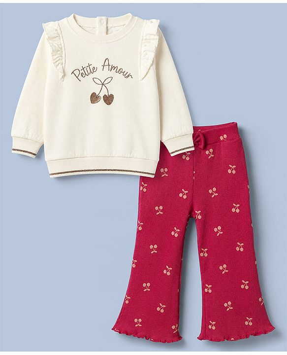Babyhug 100% Cotton Single Jersey Knit Full Sleeves Cherry Embroidered Top & Pants Set - White & Maroon