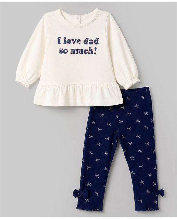 Babyhug 100% Cotton Single Jersey Knit Full Sleeves Top & Leggings Set With Text Print & Bow Applique - White
