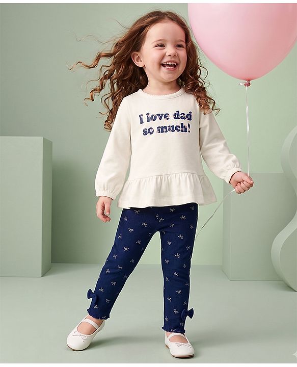 Babyhug 100% Cotton Single Jersey Knit Full Sleeves Top & Leggings Set With Text Print & Bow Applique - White