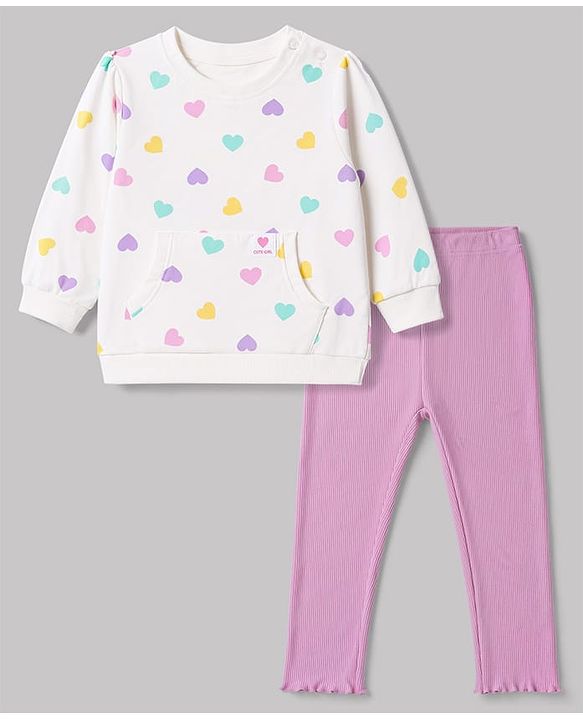 Babyhug 100% Cotton Single Jersey Knit Full Sleeves Heart Printed Top and Leggings - White & Lilac