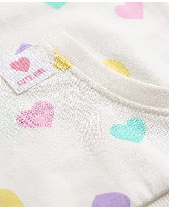 Babyhug 100% Cotton Single Jersey Knit Full Sleeves Heart Printed Top and Leggings - White & Lilac