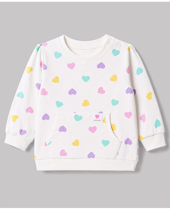 Babyhug 100% Cotton Single Jersey Knit Full Sleeves Heart Printed Top and Leggings - White & Lilac