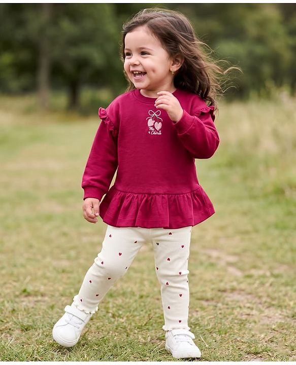 Babyhug 100% Cotton Knit Full Sleeves Heart Embroidered Top & Leggings Set With Heart Print - Maroon