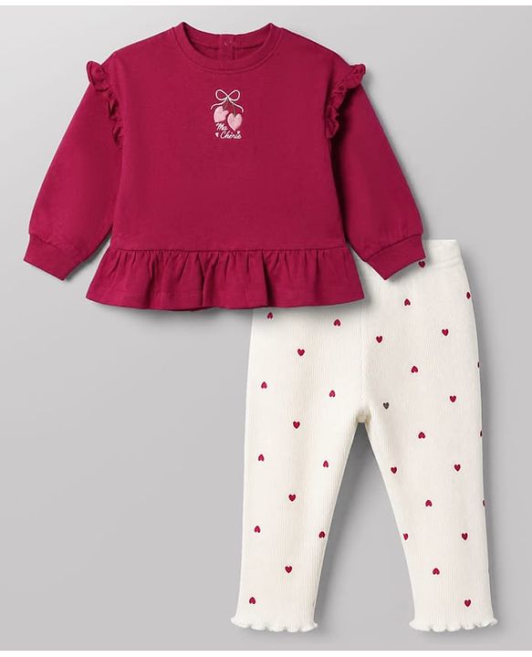 Babyhug 100% Cotton Knit Full Sleeves Heart Embroidered Top & Leggings Set With Heart Print - Maroon