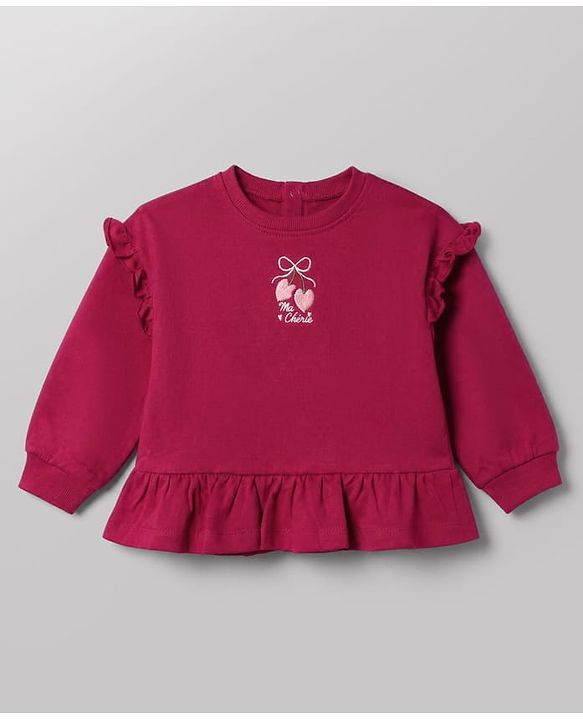 Babyhug 100% Cotton Knit Full Sleeves Heart Embroidered Top & Leggings Set With Heart Print - Maroon