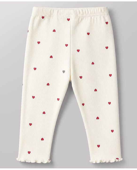 Babyhug 100% Cotton Knit Full Sleeves Heart Embroidered Top & Leggings Set With Heart Print - Maroon