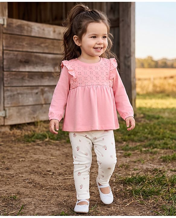 Babyhug Single Jersey Knit Full Sleeves Top & Floral Printed Leggings Set - Pink