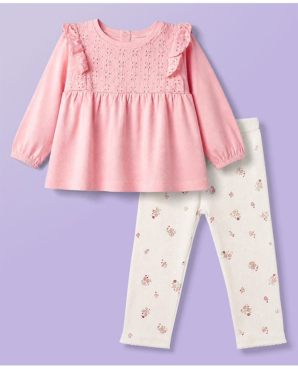 Babyhug Single Jersey Knit Full Sleeves Top & Floral Printed Leggings Set - Pink