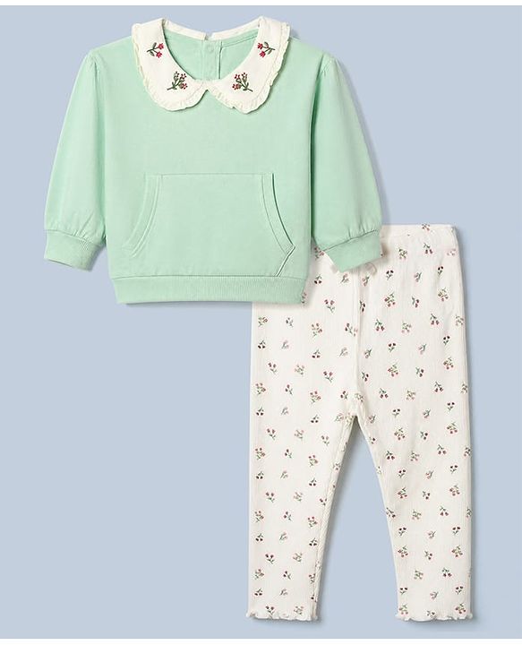Babyhug 100% Cotton Single Jersey Knit Full Sleeves Top and Leggings Set With Floral Embroidery - Light Green