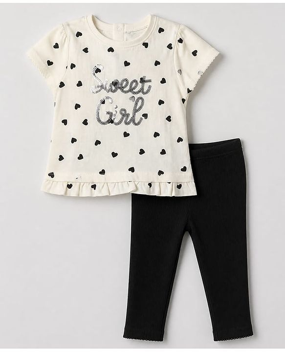 Babyhug 100% Cotton Single Jersey Half Sleeves Top and Leggings with Full Length, Sweet Girl Sequins and Hearts Print - White