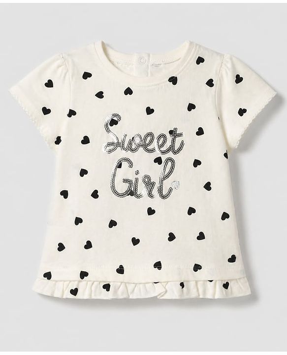 Babyhug 100% Cotton Single Jersey Half Sleeves Top and Leggings with Full Length, Sweet Girl Sequins and Hearts Print - White