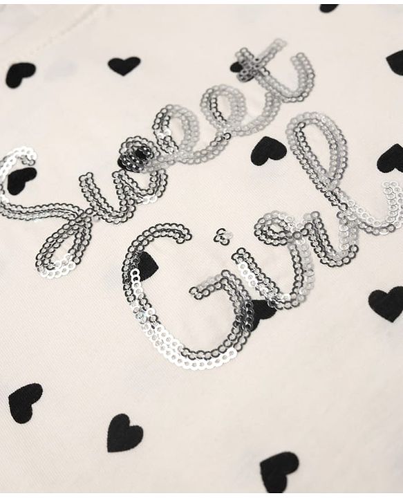 Babyhug 100% Cotton Single Jersey Half Sleeves Top and Leggings with Full Length, Sweet Girl Sequins and Hearts Print - White