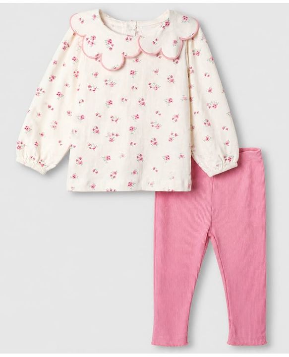 Babyhug 100% Cotton Knit Single Jersey Full Sleeves Top and Leggings with Full Length and Floral Print in White & Pink