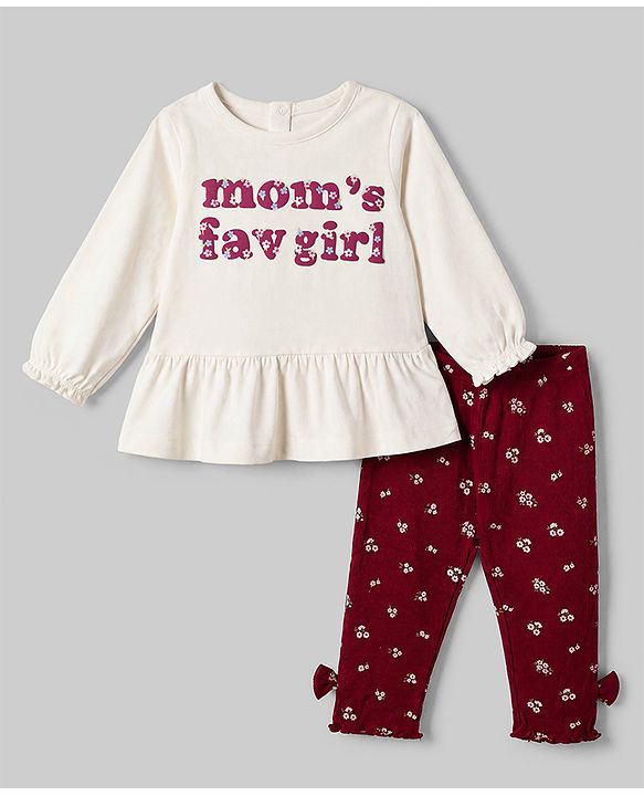 Babyhug 100% Cotton Knit Full Sleeves Top and Leggings Set with Text & Floral Print - White