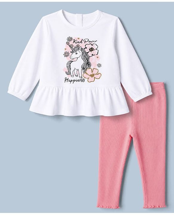 Babyhug 100% Cotton Single Jersey Knit Full Sleeves Top & Leggings Set With Unicorn Print - White