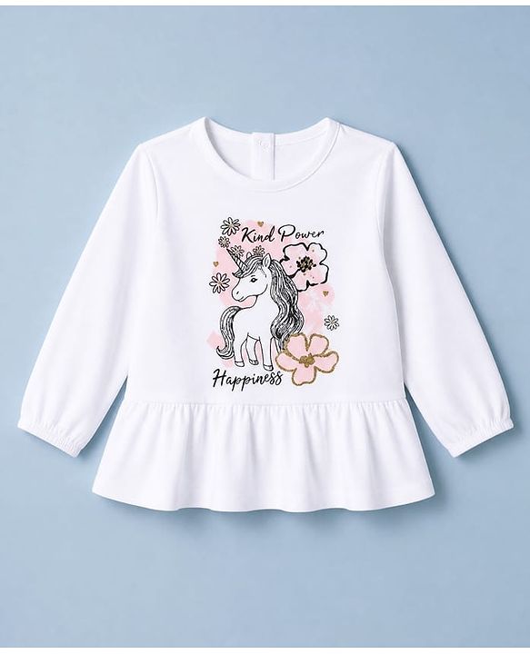 Babyhug 100% Cotton Single Jersey Knit Full Sleeves Top & Leggings Set With Unicorn Print - White