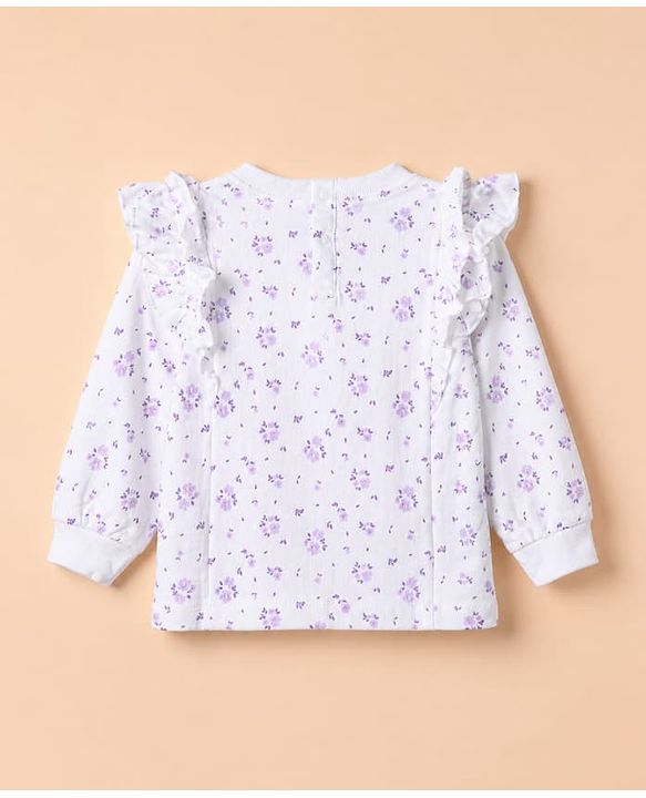 Babyhug 100% Cotton Single Jersey Knit Full Sleeves Top and Leggings with Frill Details and Floral Print - White & Lavender