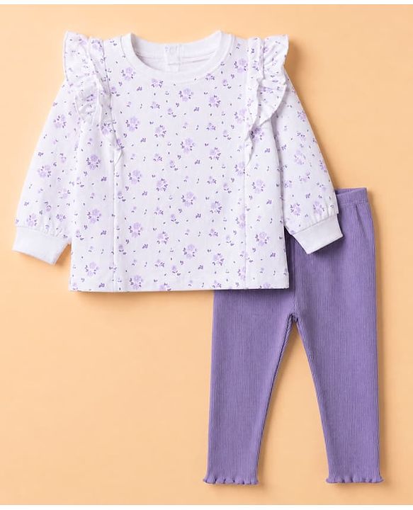 Babyhug 100% Cotton Single Jersey Knit Full Sleeves Top and Leggings with Frill Details and Floral Print - White & Lavender