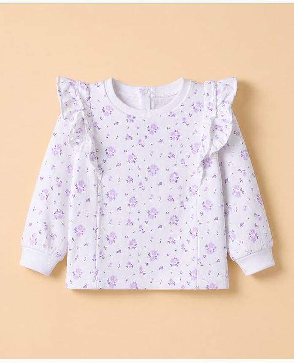 Babyhug 100% Cotton Single Jersey Knit Full Sleeves Top and Leggings with Frill Details and Floral Print - White & Lavender