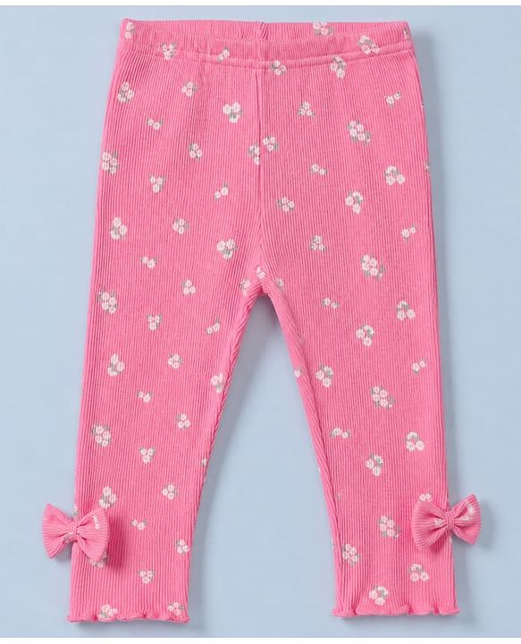 Babyhug 100% Cotton Single Jersey Knit Full Sleeves Top and Leggings with Full Length and Mom' Fav Girl Print & Bow Applique in White & Pink