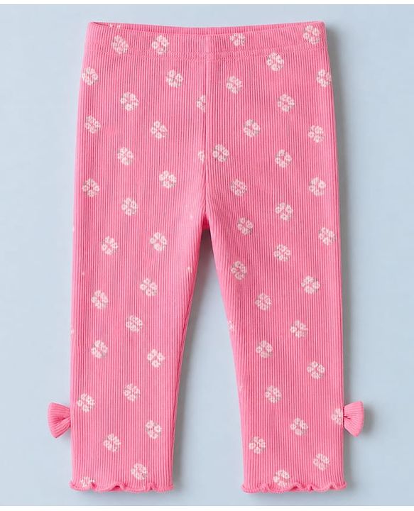 Babyhug 100% Cotton Single Jersey Knit Full Sleeves Top and Leggings with Full Length and Mom' Fav Girl Print & Bow Applique in White & Pink