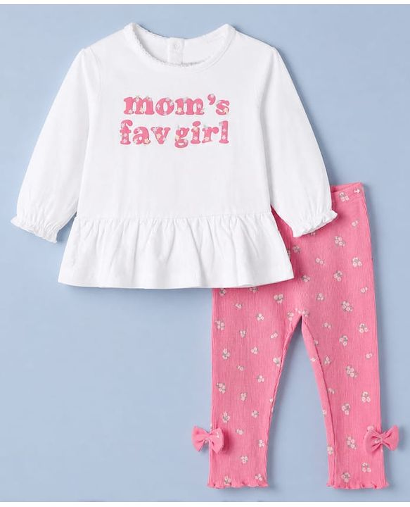 Babyhug 100% Cotton Single Jersey Knit Full Sleeves Top and Leggings with Full Length and Mom' Fav Girl Print & Bow Applique in White & Pink