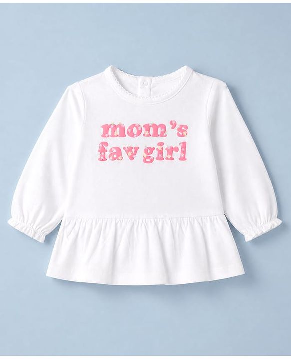 Babyhug 100% Cotton Single Jersey Knit Full Sleeves Top and Leggings with Full Length and Mom' Fav Girl Print & Bow Applique in White & Pink