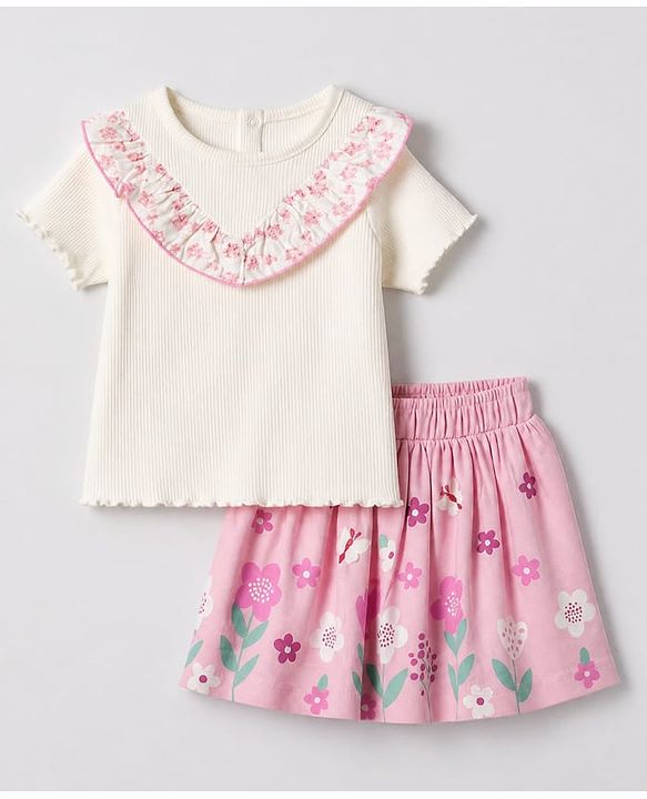 Babyhug 100% Cotton Knit Top and Skirt with Half Sleeves and Floral Print in White