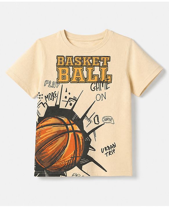 Pine Kids 100% Cotton Knit T-Shirts with Half Sleeves and Basketball Print in Offwhite for 4-5 Years