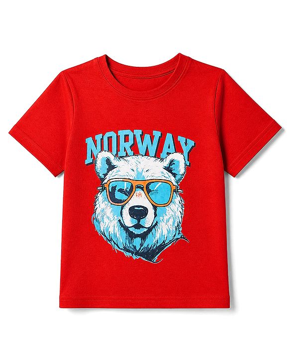 Pine Kids 100% Cotton Knit T-Shirt with Half Sleeves and Bear Print in Red