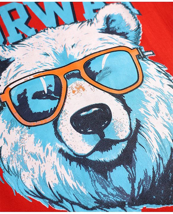 Pine Kids 100% Cotton Knit T-Shirt with Half Sleeves and Bear Print in Red