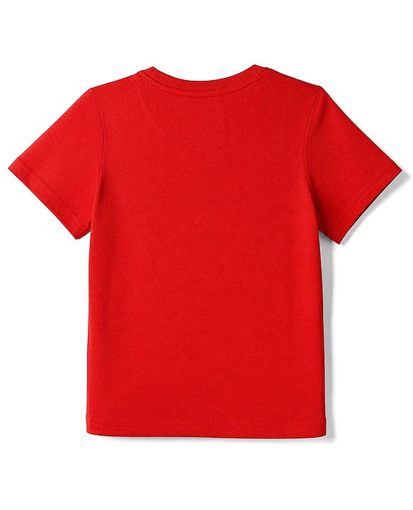 Pine Kids 100% Cotton Knit T-Shirt with Half Sleeves and Bear Print in Red