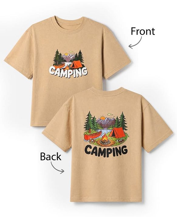 Pine Kids 100% Cotton Knit Half Sleeves T-Shirt Camping Landscape Print - Beige