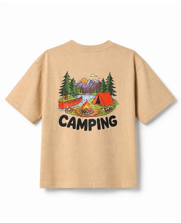 Pine Kids 100% Cotton Knit Half Sleeves T-Shirt Camping Landscape Print - Beige
