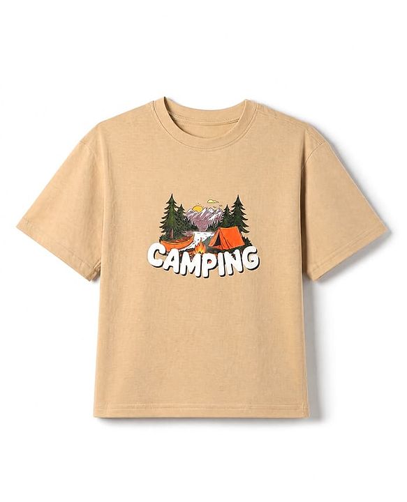 Pine Kids 100% Cotton Knit Half Sleeves T-Shirt Camping Landscape Print - Beige