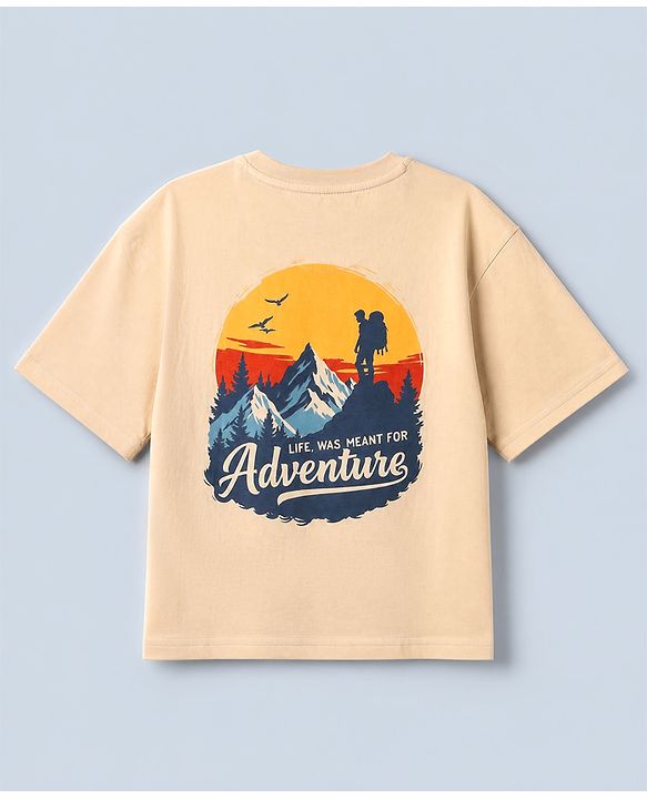 Pine Kids 100% Cotton Knit T-Shirt with Half Sleeves and Mountains Print in Offwhite