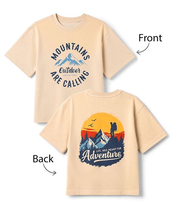 Pine Kids 100% Cotton Knit T-Shirt with Half Sleeves and Mountains Print in Offwhite
