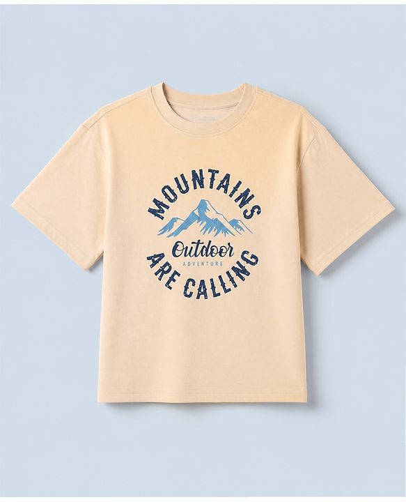 Pine Kids 100% Cotton Knit T-Shirt with Half Sleeves and Mountains Print in Offwhite