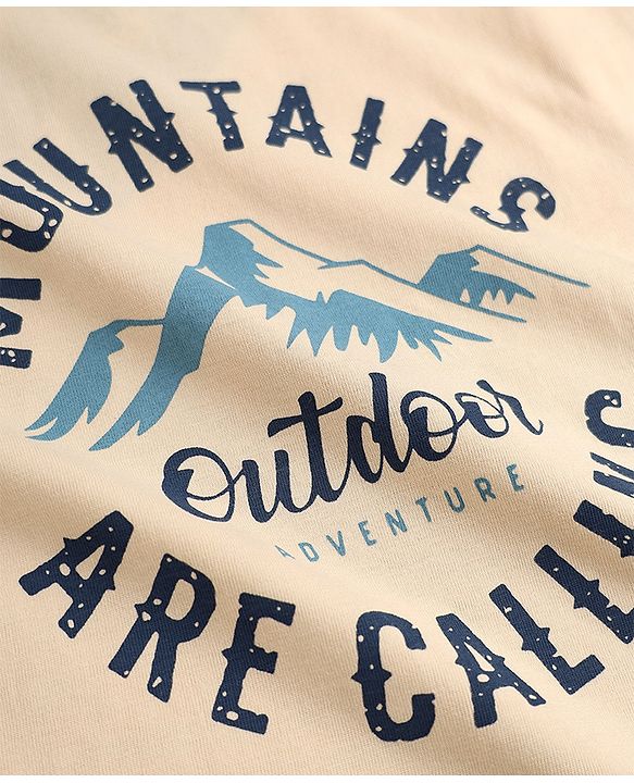 Pine Kids 100% Cotton Knit T-Shirt with Half Sleeves and Mountains Print in Offwhite