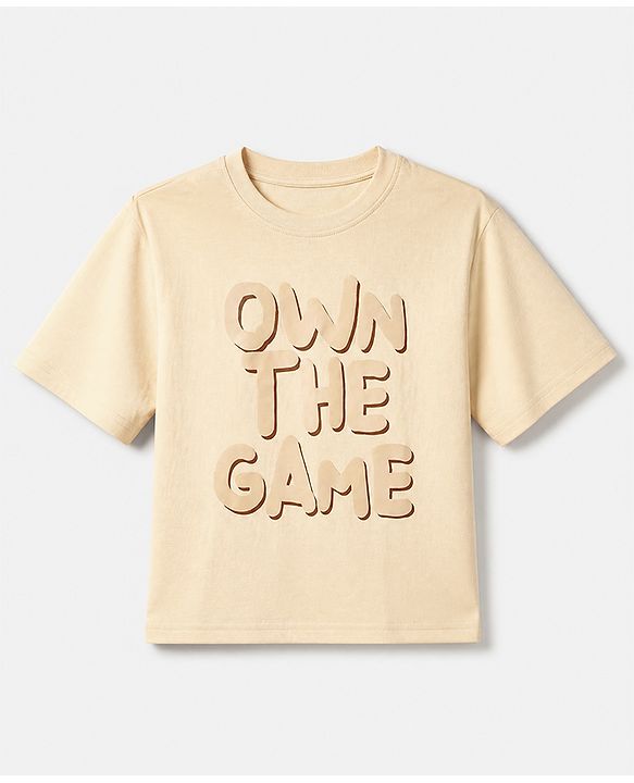 Pine Kids 100% Cotton Knit T-Shirt with Half Sleeves and Own The Game Print in Offwhite