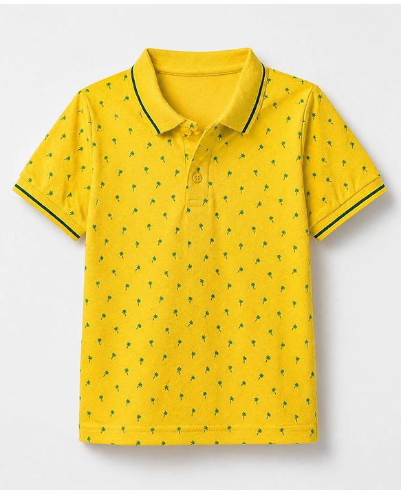 Pine Kids Cotton Knit Polo T-Shirt with Half Sleeves and Tropical Print - Yellow