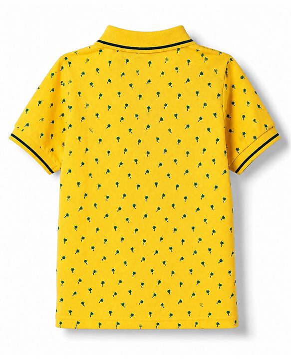 Pine Kids Cotton Knit Polo T-Shirt with Half Sleeves and Tropical Print - Yellow