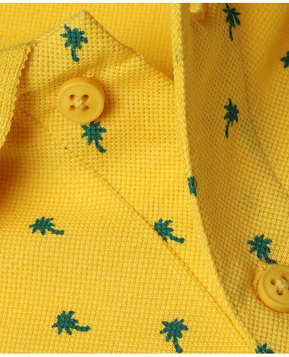 Pine Kids Cotton Knit Polo T-Shirt with Half Sleeves and Tropical Print - Yellow