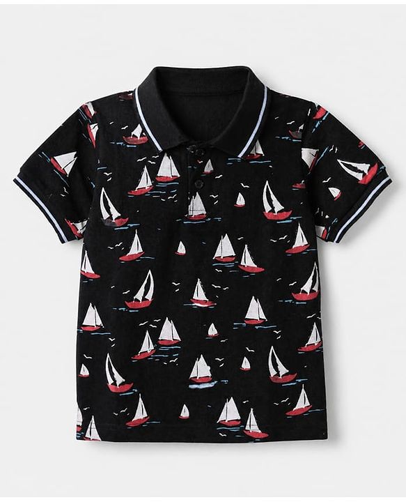 Pine Kids Cotton Knit Polo T-Shirt with Half Sleeves and Sailboat Print in Black