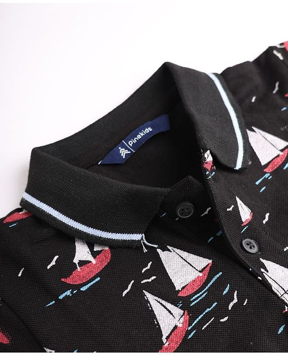 Pine Kids Cotton Knit Polo T-Shirt with Half Sleeves and Sailboat Print in Black
