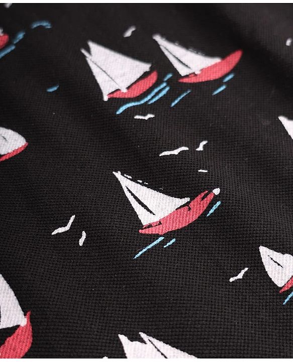 Pine Kids Cotton Knit Polo T-Shirt with Half Sleeves and Sailboat Print in Black