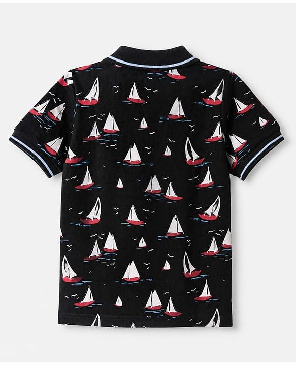Pine Kids Cotton Knit Polo T-Shirt with Half Sleeves and Sailboat Print in Black