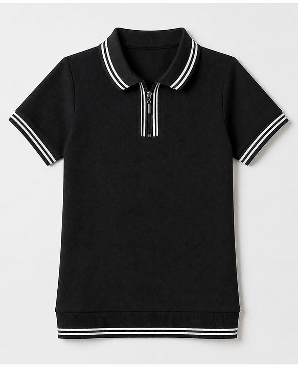 Pine Kids Cotton Knit Polo T-Shirt with Half Sleeves - Black